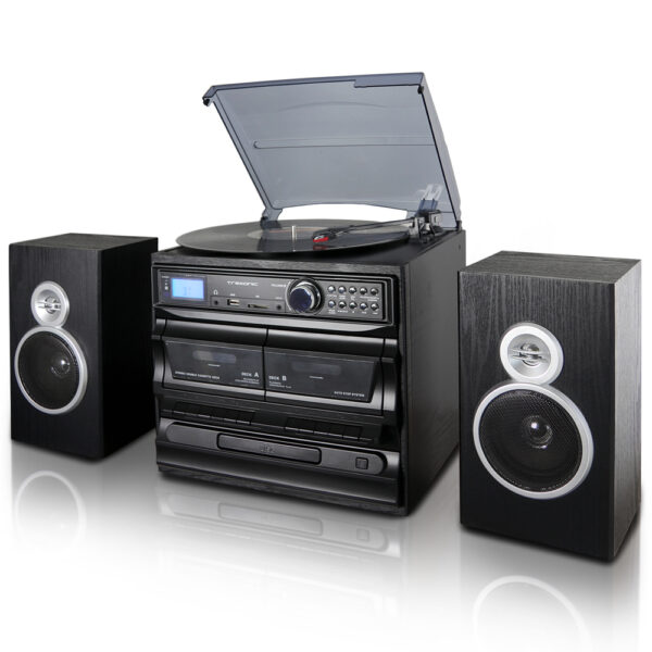 Trexonic 3-Speed Vinyl Turntable Home Stereo System with CD Player, Dual Cassette Player, Bluetooth, FM Radio and amp; USB/SD Recording and Wired Shelf Speakers