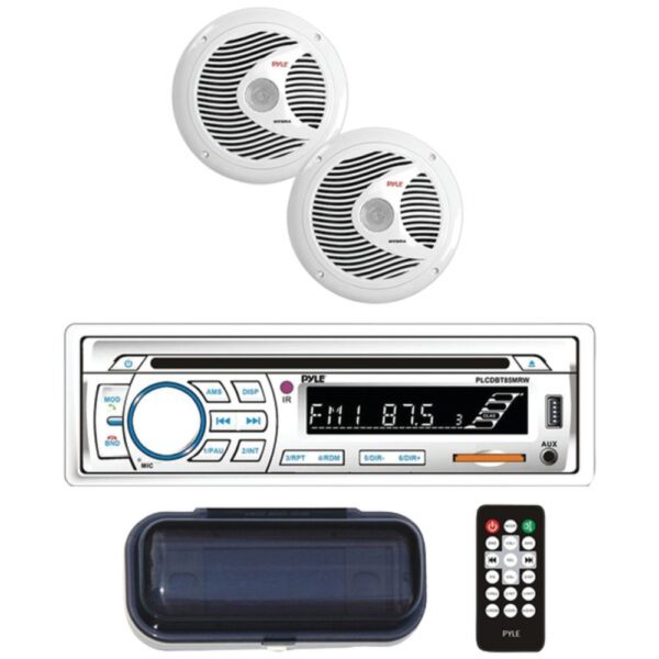 Pyle PLCDBT65MRW Marine Single-DIN In-Dash CD AM/FM Receiver with Two 6.5" Speakers, Splashproof Radio Cover and Bluetooth (White)