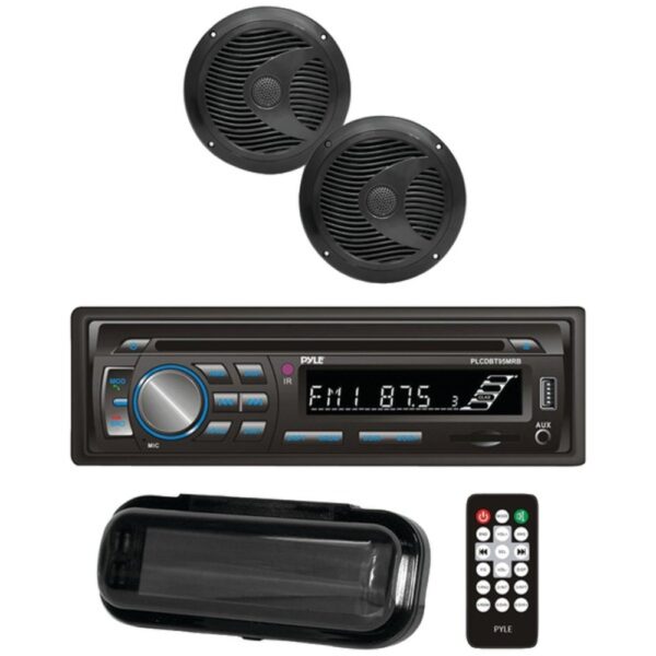 Pyle PLCDBT75MRB Marine Single-DIN In-Dash CD AM/FM Receiver with Two 6.5" Speakers, Splashproof Radio Cover and Bluetooth (Black)