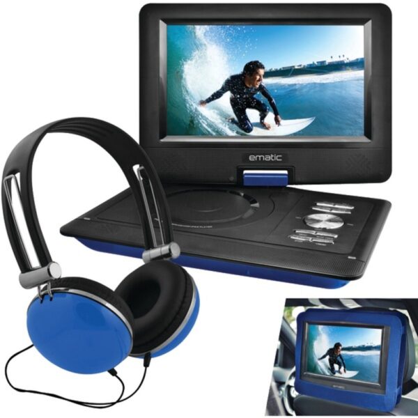 Ematic EPD116BU 10" Portable DVD Player with Headphones and Car-Headrest Mount (Blue)