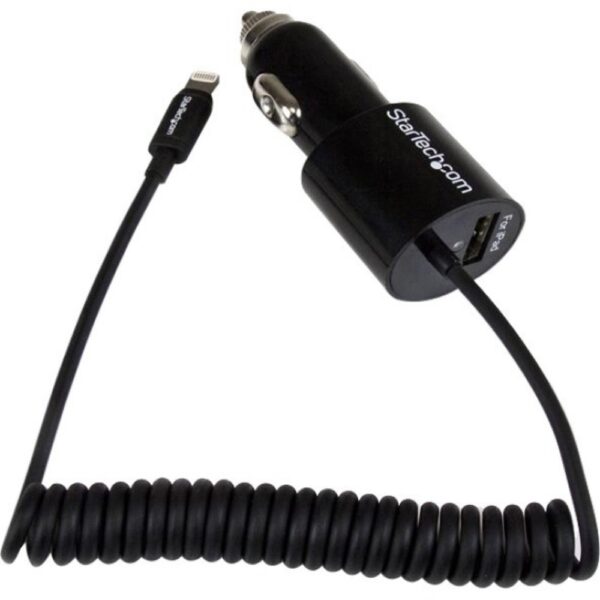 StarTech.com Black Dual Port Car Charger with Lightning Cable and USB 2.0 Port - High Power (21 Watt / 4.2 Amp) - 21 W Output Power - 12 V DC, 24 V DC Input Voltage - 5 V DC Output Voltage - 4.20 A Output Current - USB