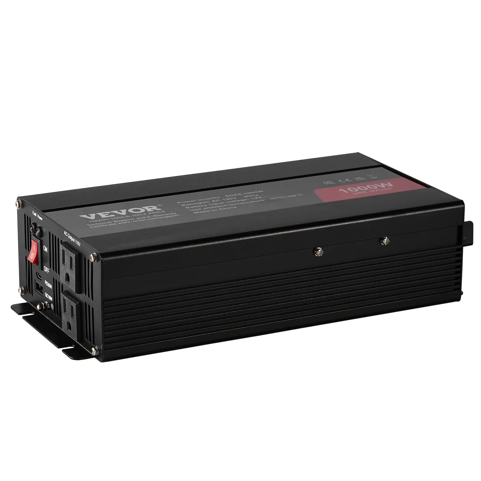 VEVOR Pure Sine Wave Inverter, 1000 Watt, DC 12V to AC 120V Power Inverter with 2 AC Outlets 2 USB Port 1 Type-C Port, Remote Control for Small Home Devices like Smartphone Laptop, CE FCC Certified - Image 9