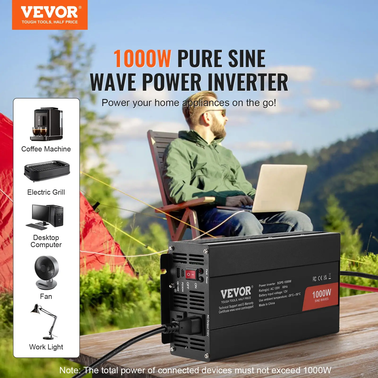 VEVOR Pure Sine Wave Inverter, 1000 Watt, DC 12V to AC 120V Power Inverter with 2 AC Outlets 2 USB Port 1 Type-C Port, Remote Control for Small Home Devices like Smartphone Laptop, CE FCC Certified - Image 11