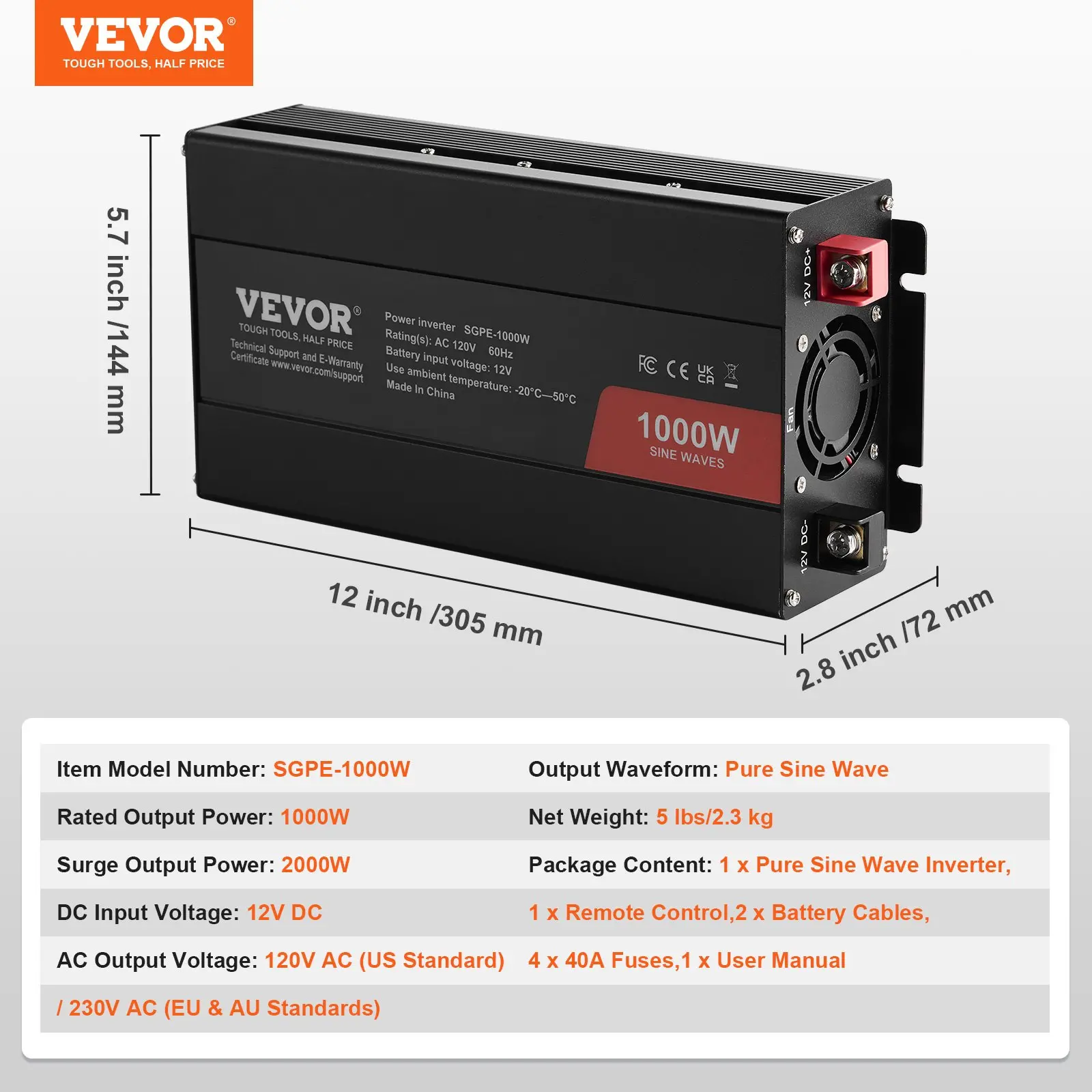 VEVOR Pure Sine Wave Inverter, 1000 Watt, DC 12V to AC 120V Power Inverter with 2 AC Outlets 2 USB Port 1 Type-C Port, Remote Control for Small Home Devices like Smartphone Laptop, CE FCC Certified - Image 16