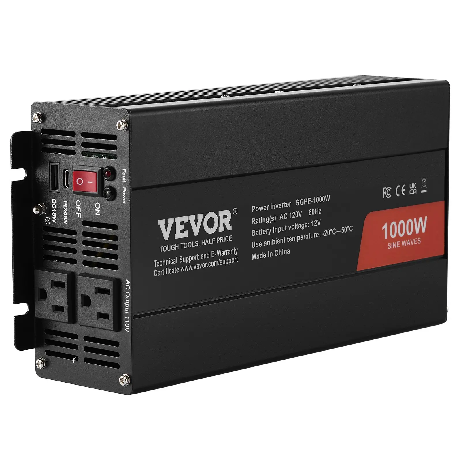VEVOR Pure Sine Wave Inverter, 1000 Watt, DC 12V to AC 120V Power Inverter with 2 AC Outlets 2 USB Port 1 Type-C Port, Remote Control for Small Home Devices like Smartphone Laptop, CE FCC Certified - Image 20