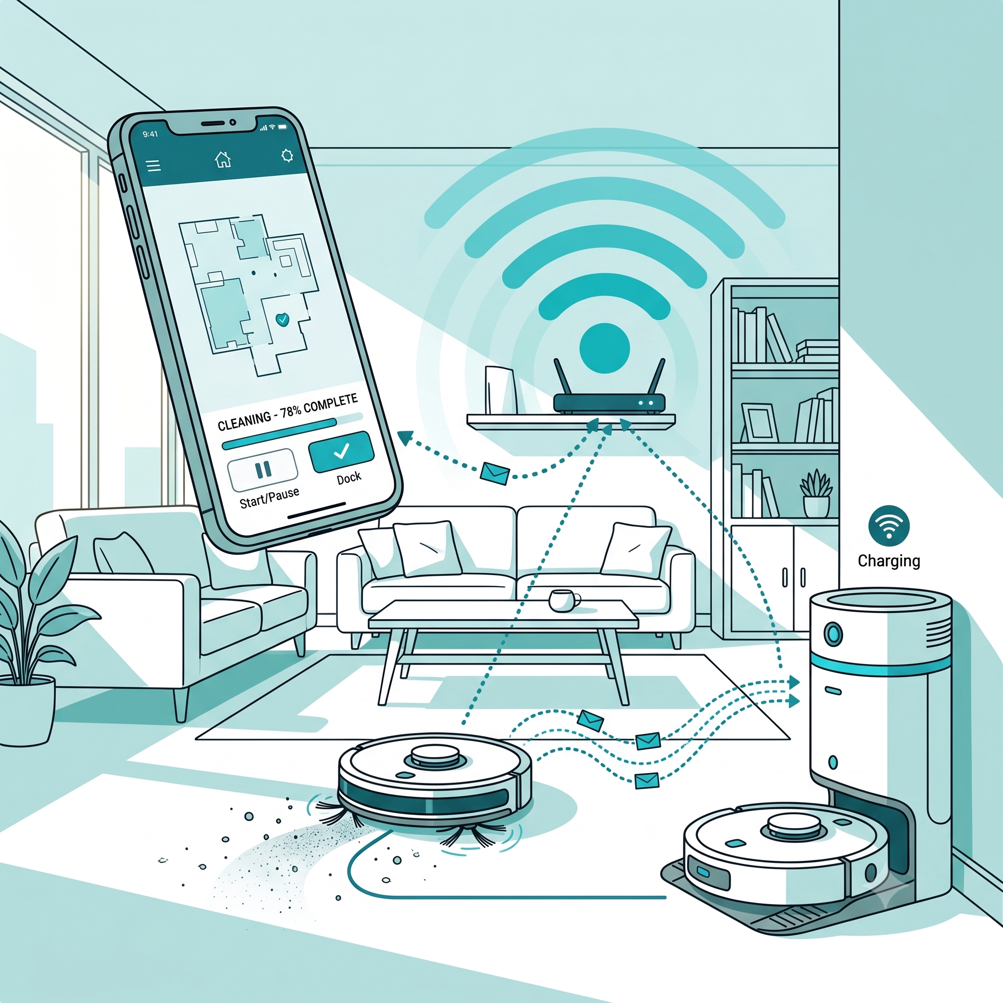 Modern living room with a robot vacuum docked, a smartphone showing the companion app, and WiFi signal waves